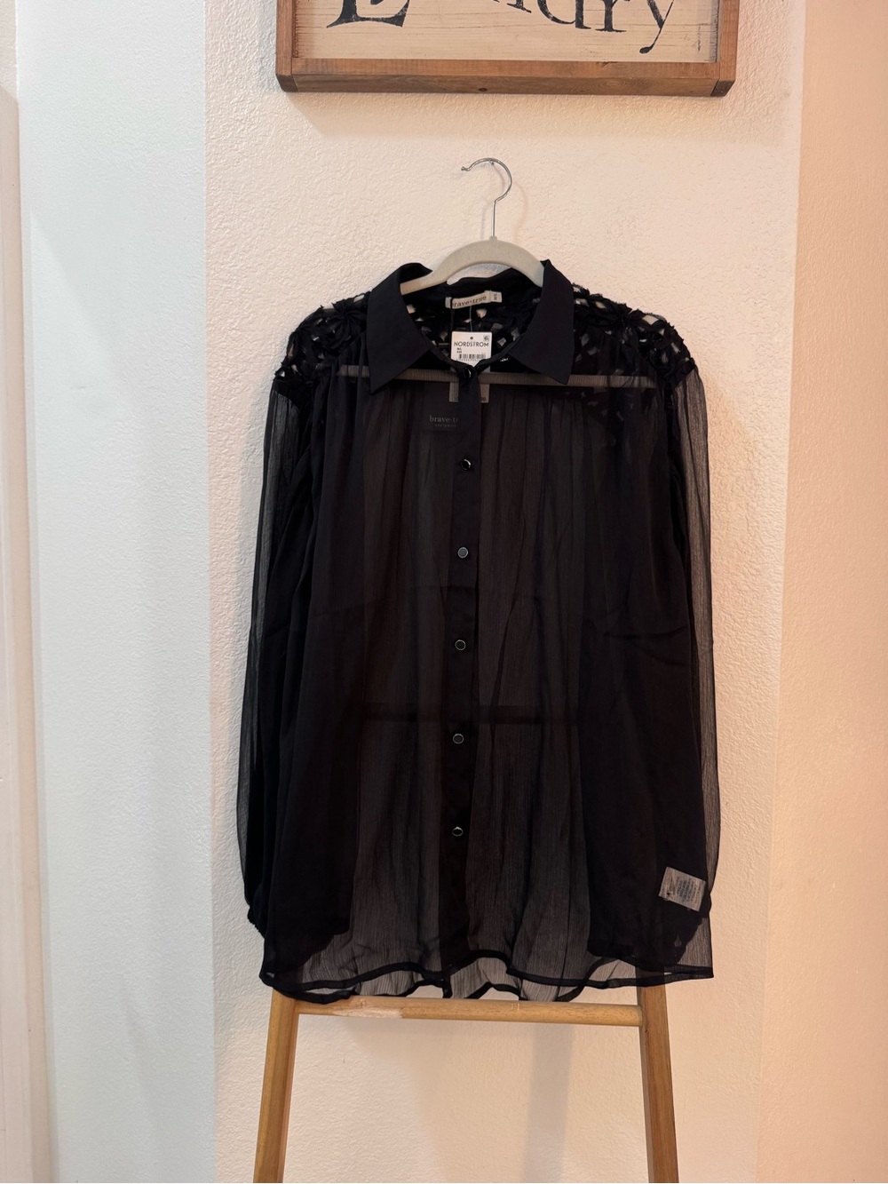 Nordstrom Brave + True  Sheer Button-Down Blouse W/Lace/Woven Yoke Ballon Sleeve